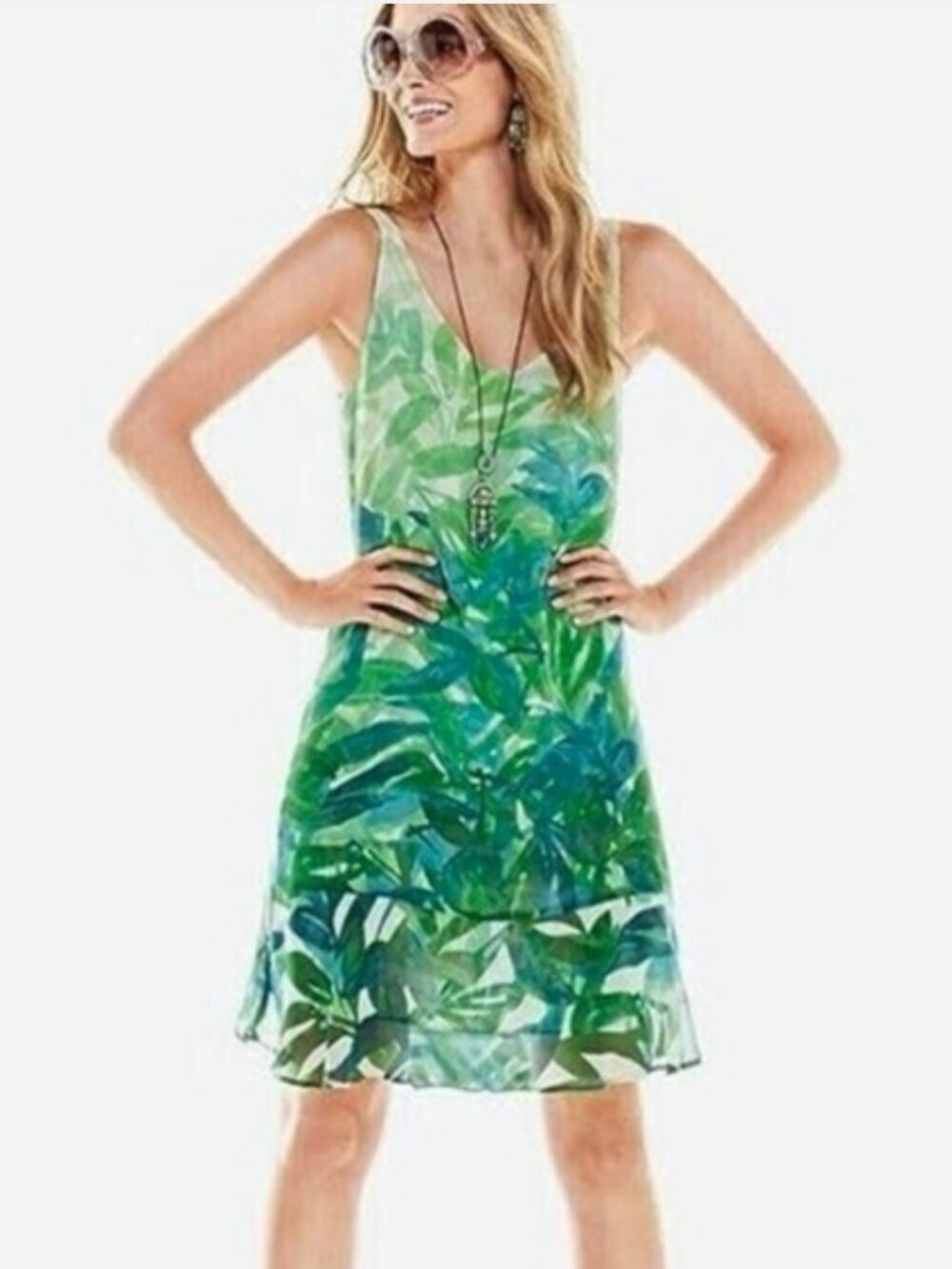 CAbi Castaway Palm Print dress, Flounce hem, size Large, EUC